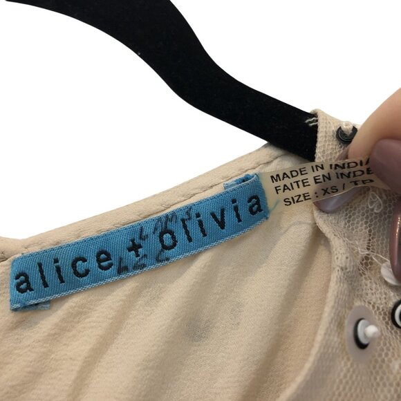Alice + Olivia XS Beige Sleeveless Beaded Sequin Mini Dress Sheer Back Zipper - Picture 2 of 9